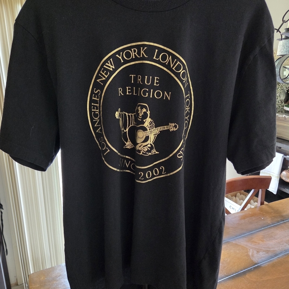 True Religion Men's T with a Metallic Gold Buddha Logo/World Tour Graphic (K212) - Picture 1 of 11